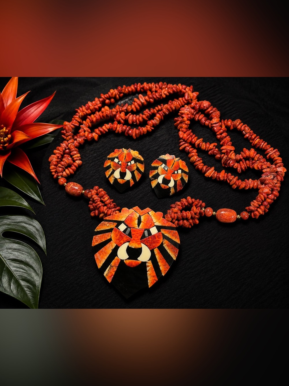 Vintage Lee Sands Lion Mosaic Coral Necklace Earrings Set 1970s 80s Statement